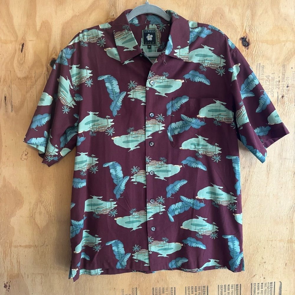 Vintage 80s Aureus Silk Golfer Hawaiian Silk Blend Button Up Shirt Sz M